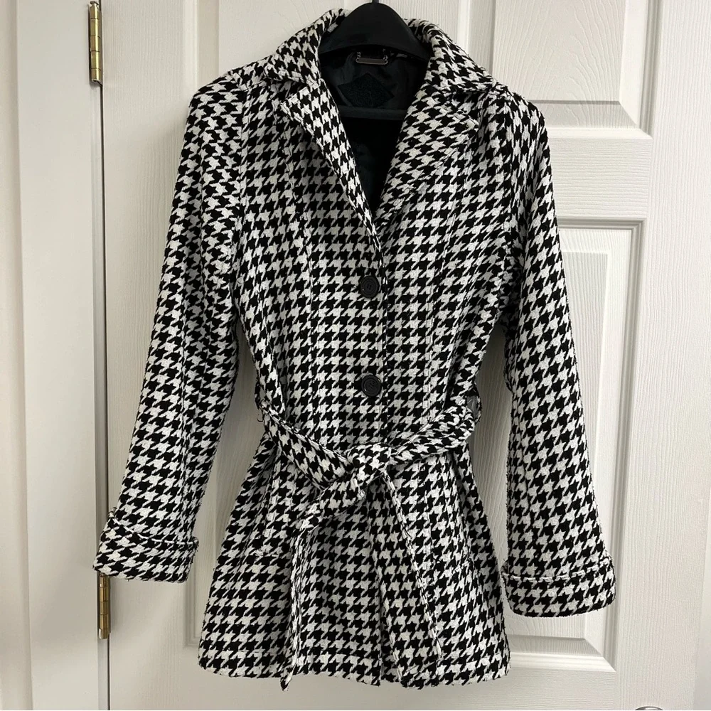 JouJou Fashion Houndstooth mid-length Peacoat (Pea Coat) - Picture 1 of 12